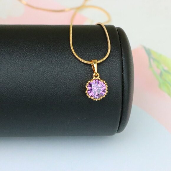 "Rose Gold Pendant with Round Purple Stone and Beaded Frame Accent, XPPT1608 - Picture 4 of 12